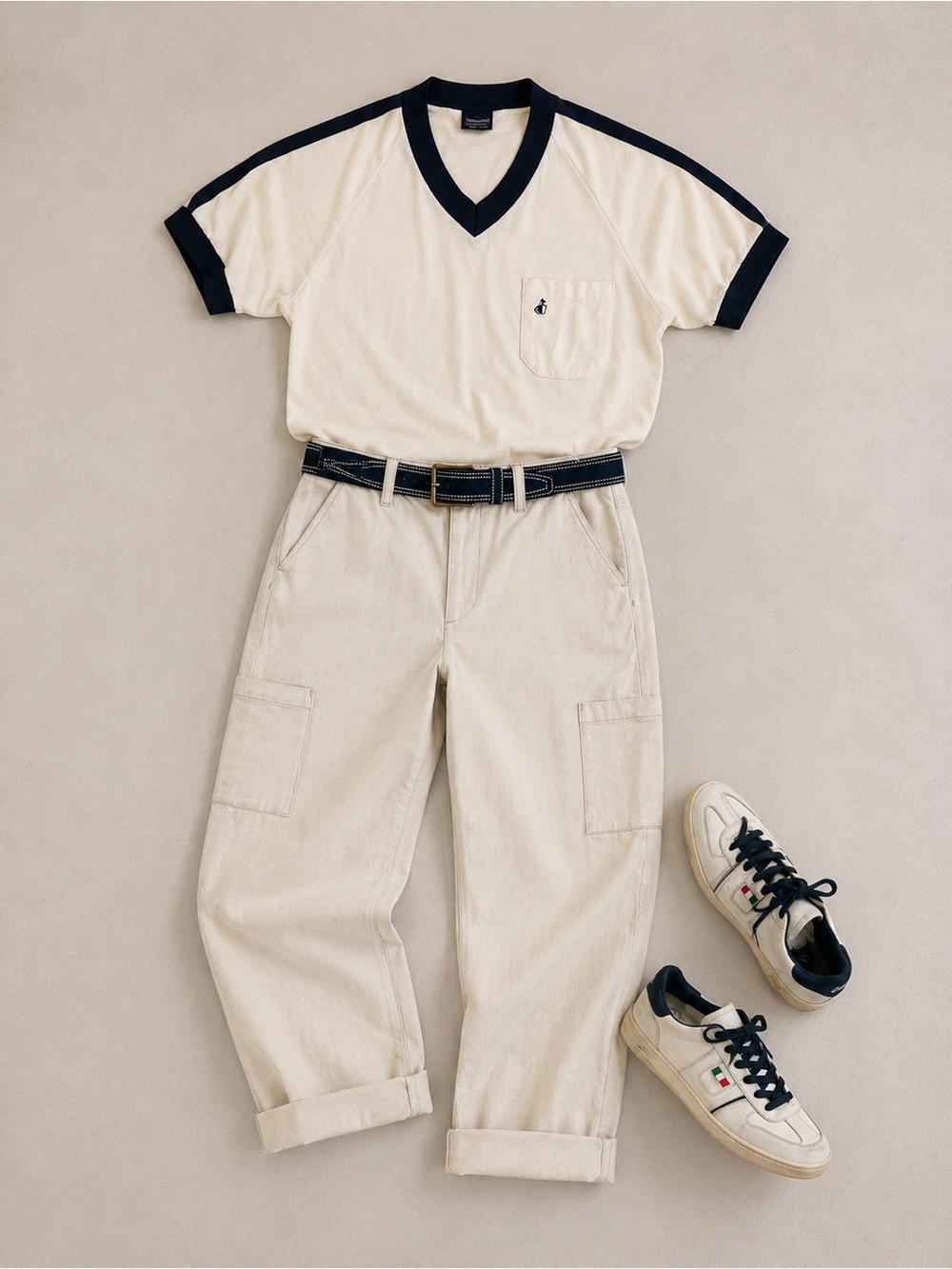 Vintage Style Cream Ringer Jockey with Navy Trim, Joe’s Carpenter Pants & P448